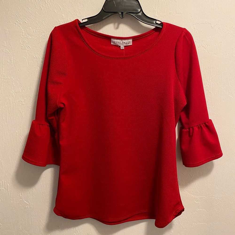 C’est La’Vie 3/4 Length Sleeve Ruffled Red T-Shirt